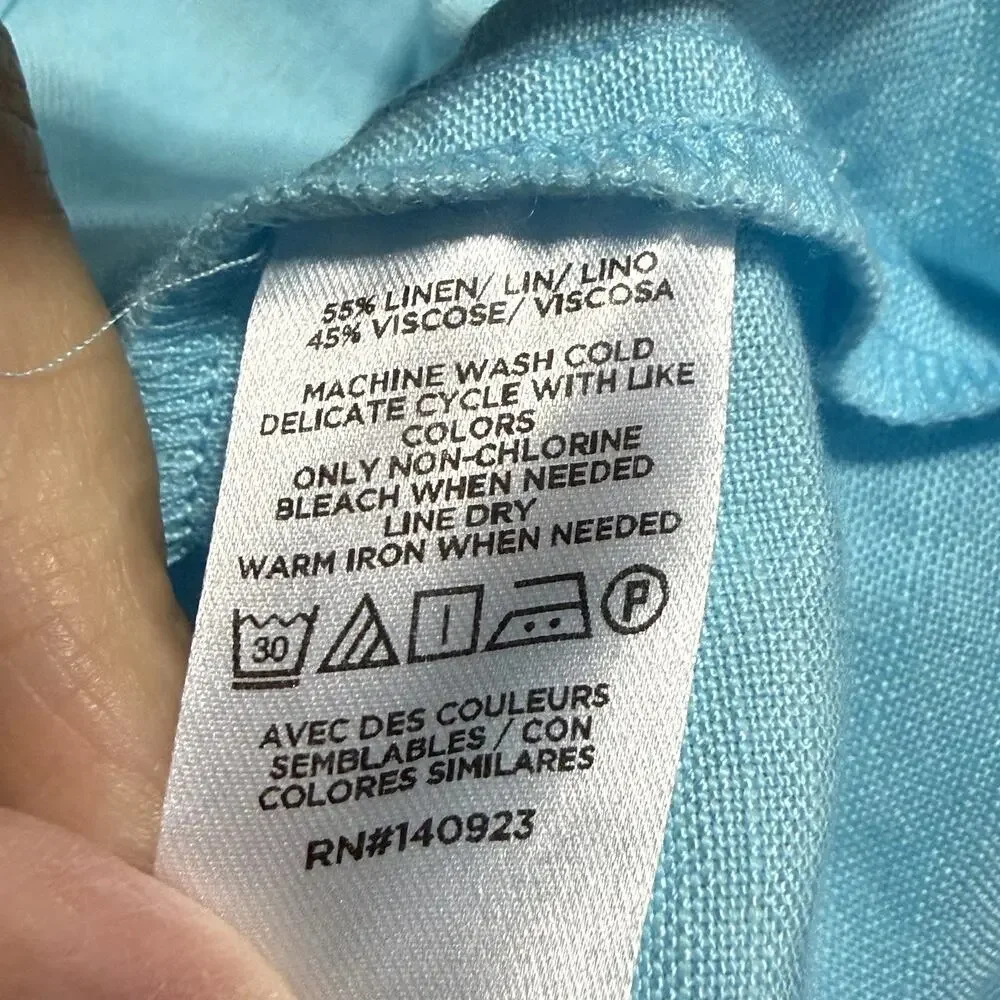 Loft Tiered Linen Blend Sundress Women’s Size 14 Aqua Blue Button Front Midi EUC